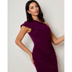 Plus Size One Shoulder Wrap Detail Midi Dress in Purple