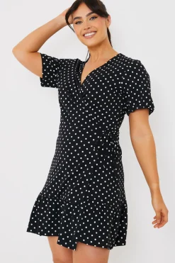 Polka Dot Print Short Sleeve Wrap Swing Dress