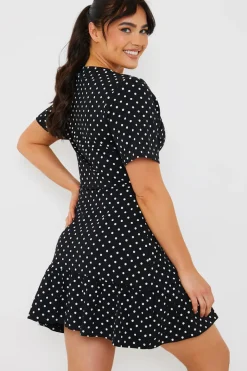Polka Dot Print Short Sleeve Wrap Swing Dress