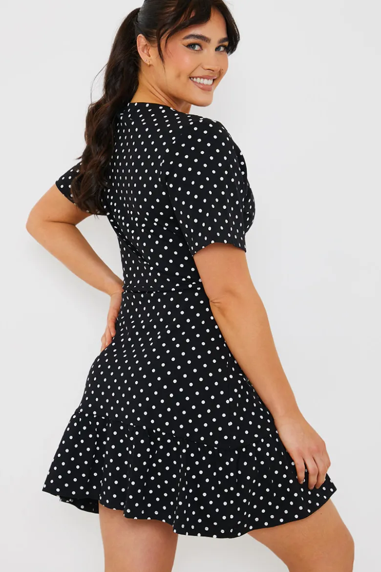 Polka Dot Print Short Sleeve Wrap Swing Dress