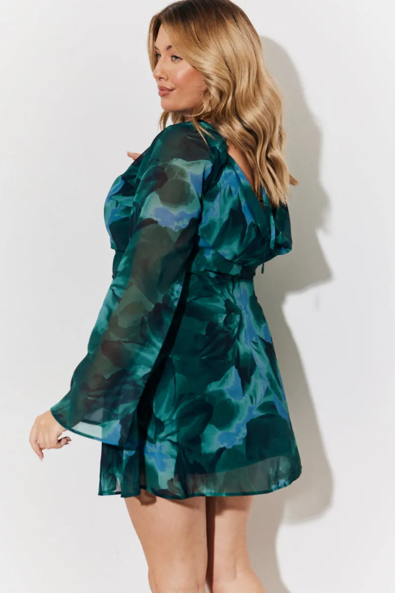 Printed Draped Back Boat Neck Mini Dress