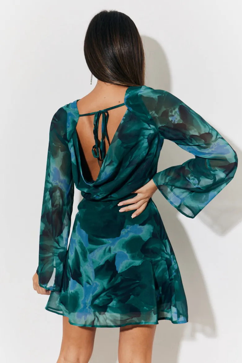 Printed Draped Back Boat Neck Mini Dress