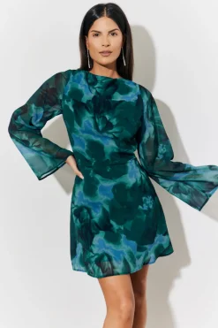 Printed Draped Back Boat Neck Mini Dress