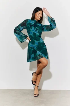 Printed Draped Back Boat Neck Mini Dress