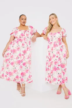 Printed Gathered Bust Puff Sleeve Midi Dress