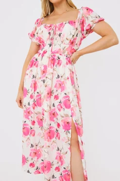 Printed Gathered Bust Puff Sleeve Midi Dress