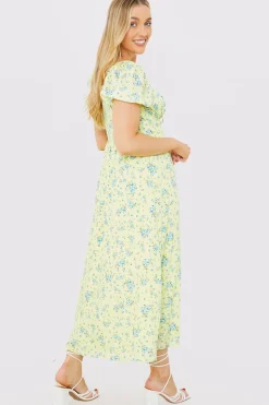 Printed Gathered Bust Puff Sleeve Midi Dress