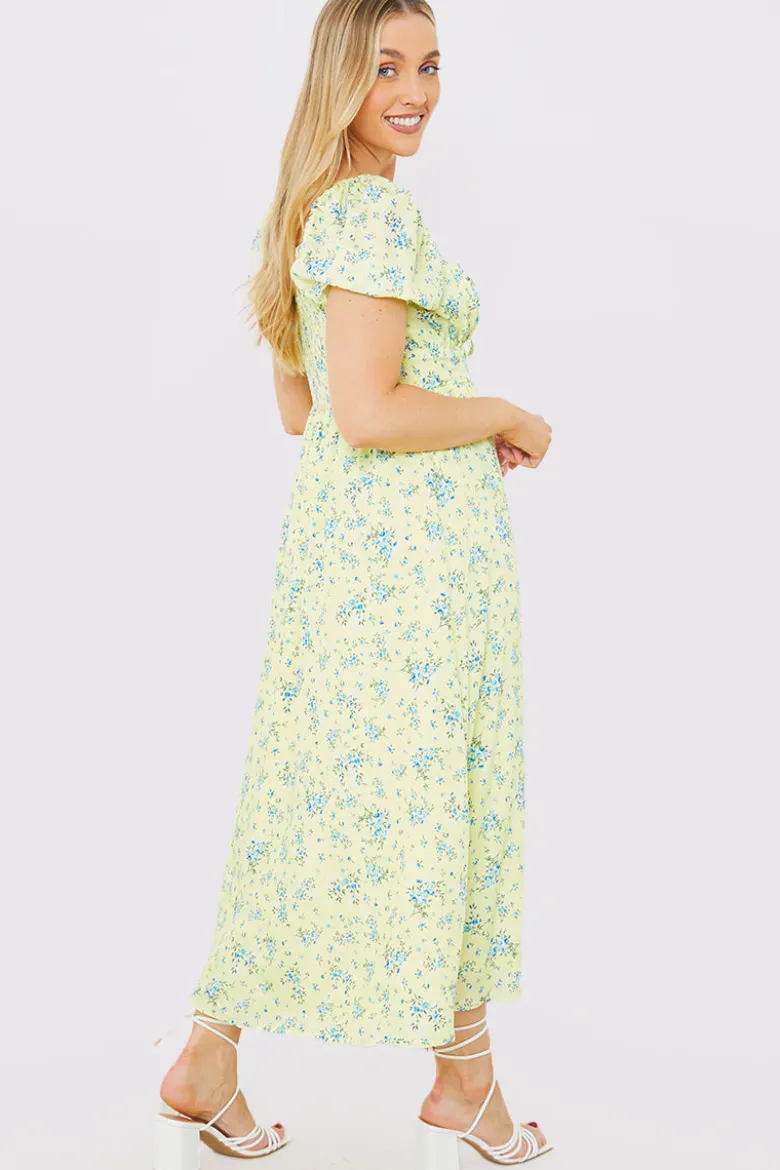 Printed Gathered Bust Puff Sleeve Midi Dress