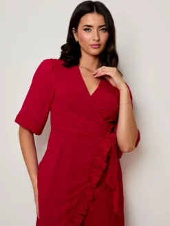 Puff Sleeve Dobby Ruffle Wrap Mini Dress in Red