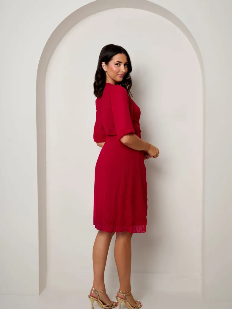 Puff Sleeve Dobby Ruffle Wrap Mini Dress in Red
