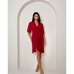 Puff Sleeve Dobby Ruffle Wrap Mini Dress in Red