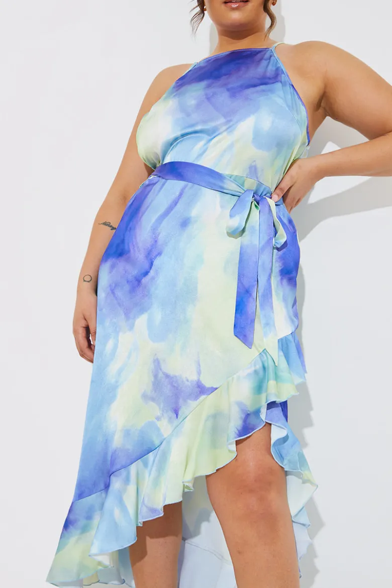 Racer Neck Abstract Print Satin Frill Belted Midaxi Dress