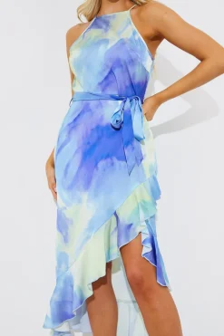 Racer Neck Abstract Print Satin Frill Belted Midaxi Dress