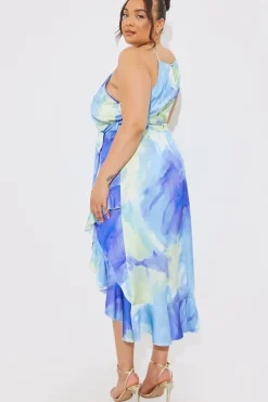 Racer Neck Abstract Print Satin Frill Belted Midaxi Dress