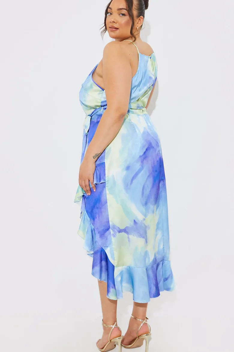 Racer Neck Abstract Print Satin Frill Belted Midaxi Dress