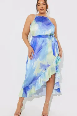 Racer Neck Abstract Print Satin Frill Belted Midaxi Dress