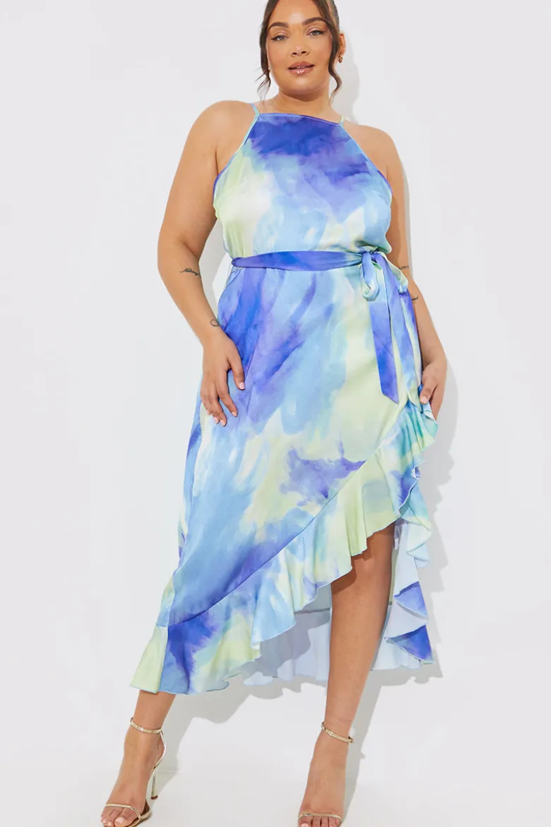 Racer Neck Abstract Print Satin Frill Belted Midaxi Dress