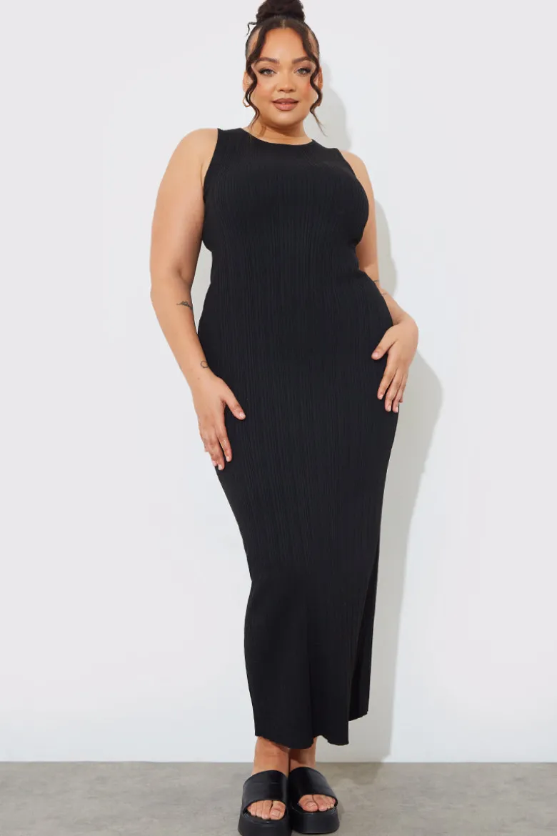 Recycled Knitted Rib Racer Neck Maxi Dress