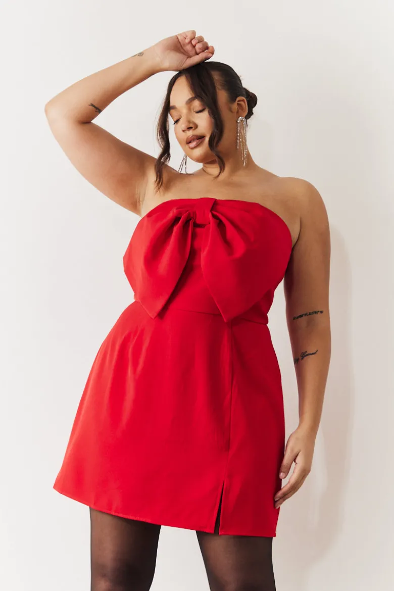 Red Bandeau Bow Front Split Hem Mini Dress