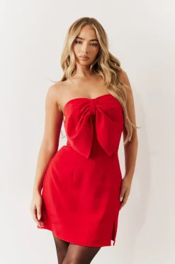 Red Bandeau Bow Front Split Hem Mini Dress
