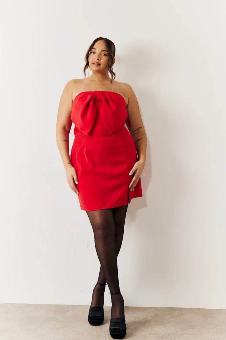 Red Bandeau Bow Front Split Hem Mini Dress