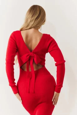 Red Bow Back Knitted Midaxi Dress