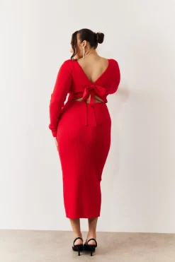 Red Bow Back Knitted Midaxi Dress