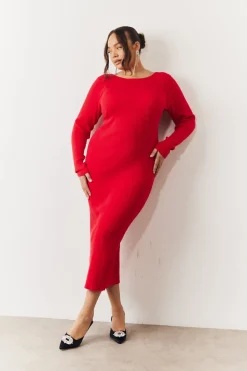 Red Bow Back Knitted Midaxi Dress