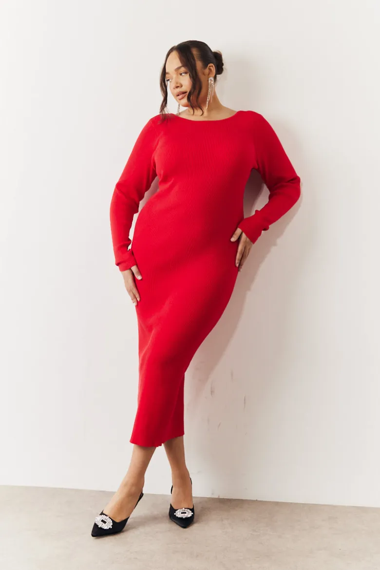 Red Bow Back Knitted Midaxi Dress