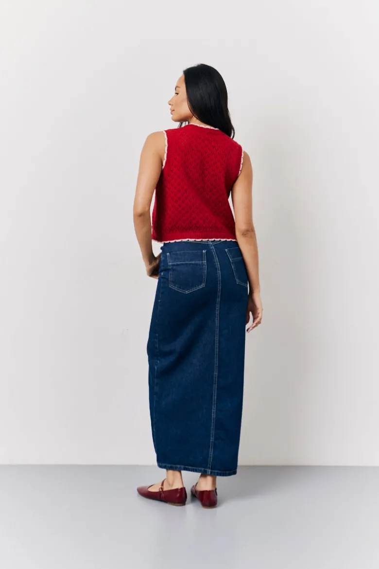 Red Contrast Edge Tie Front Knitted Waistcoat
