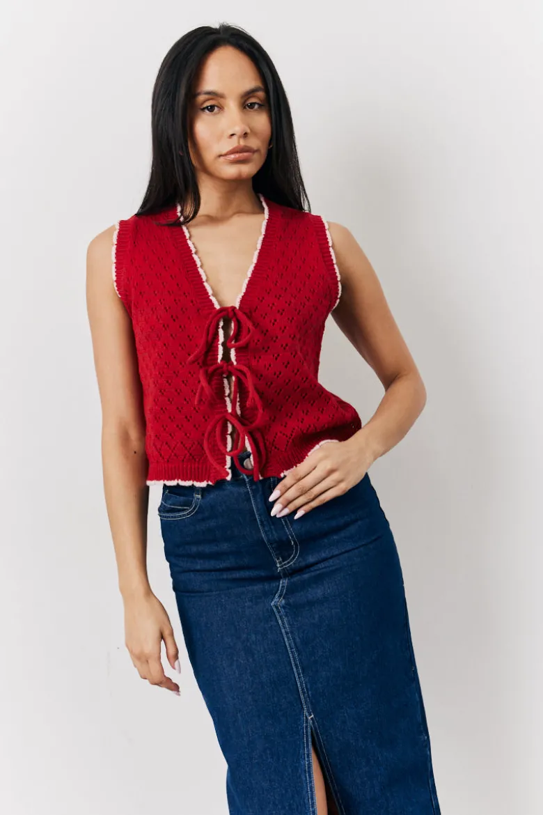 Red Contrast Edge Tie Front Knitted Waistcoat