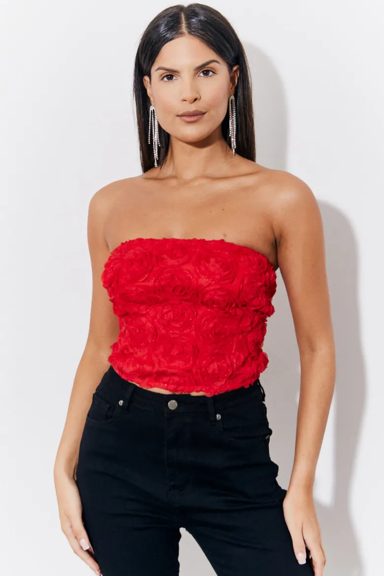 Red 3D Floral Bandeau Top
