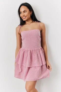 Red Seersucker Gingham Shirred Mini Dress