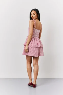 Red Seersucker Gingham Shirred Mini Dress