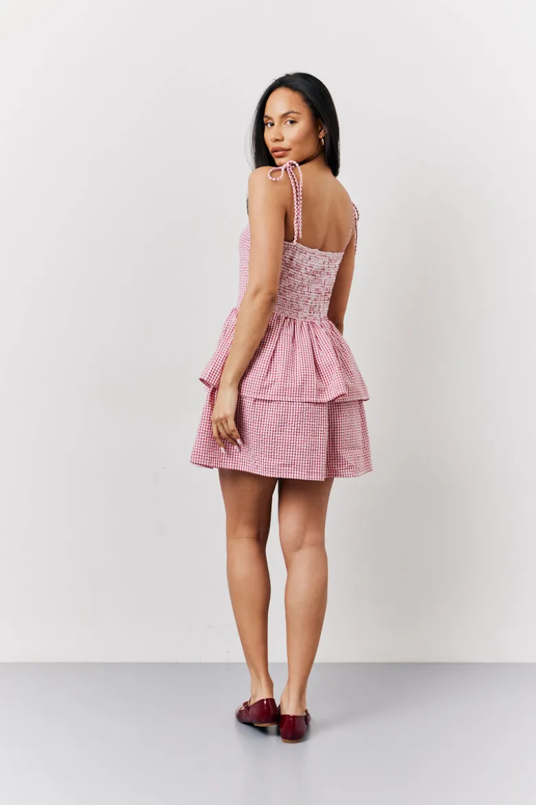 Red Seersucker Gingham Shirred Mini Dress