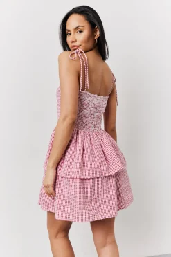 Red Seersucker Gingham Shirred Mini Dress