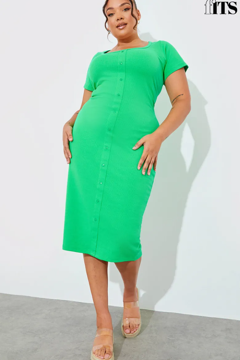 Ribbed Button Through Short Sleeve Midaxi Dress
