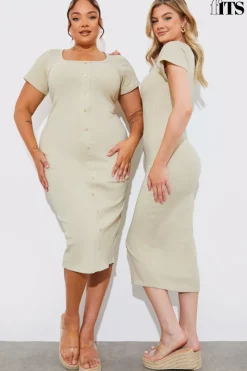 Ribbed Button Through Short Sleeve Midaxi Dress