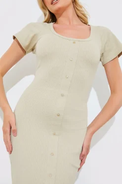Ribbed Button Through Short Sleeve Midaxi Dress