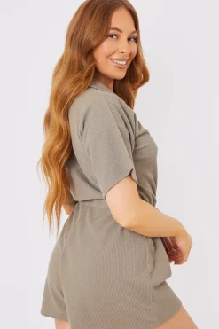 Rib Button Down Collared Playsuit