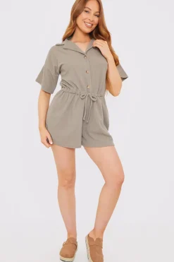 Rib Button Down Collared Playsuit
