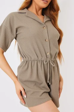 Rib Button Down Collared Playsuit