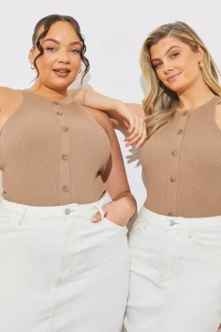 Rib Knit Button Detail Racer Neck Bodysuit