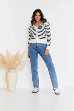 Rib Knit Button Up Stripe Cardigan