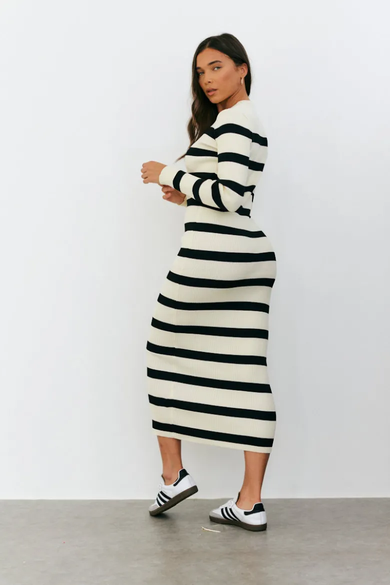 Rib Knit Stripe Long Sleeve Midaxi Dress