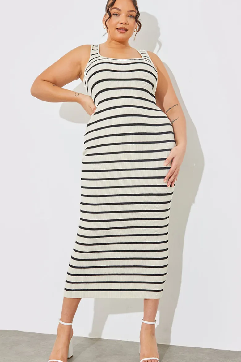 Rib Knit Stripe Scoop Neck Maxi Dress