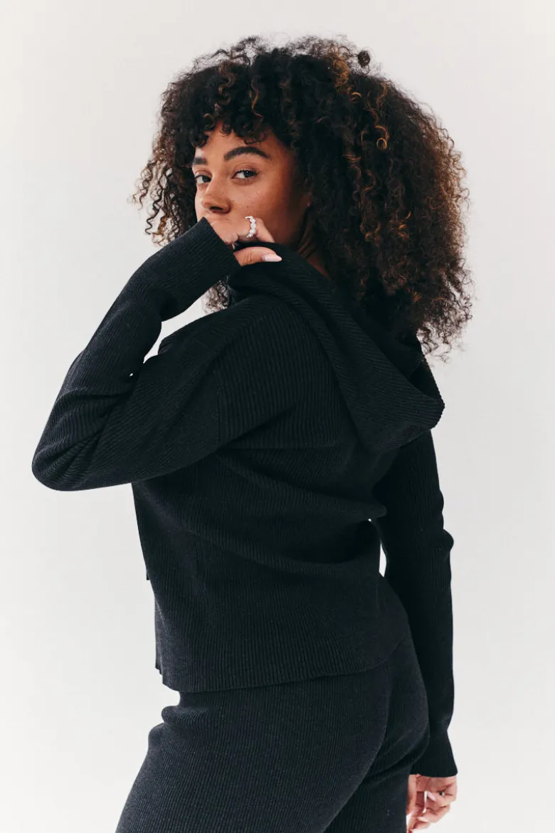 Rib Knit Zip Up Co-Ord Hoodie