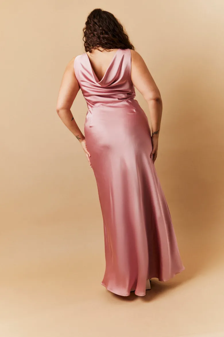 Rose Pink Satin Cowl Back Maxi Dress