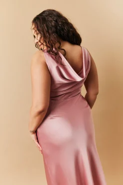 Rose Pink Satin Cowl Back Maxi Dress