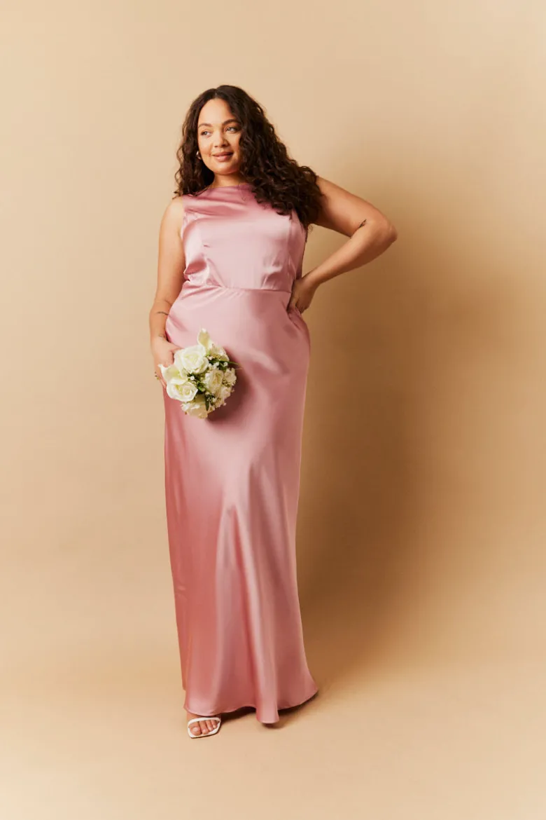 Rose Pink Satin Cowl Back Maxi Dress